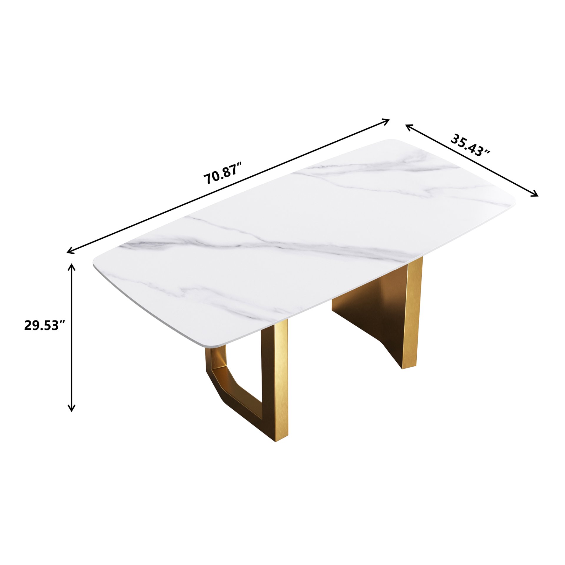 70.87" Modern Artificial Stone White Curved Metal Leg Dining Table - White / Gold - Image 3