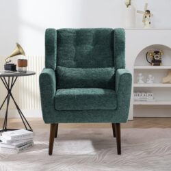 Modern Accent Chair, Chenille Arm Chairs For Living Room, Upholstered Mordern Armchair, Comfy Soft Padded Lounge Chair In Small Space, Bedroom, With Pillow, Solid Wood Leg - Blackish Green