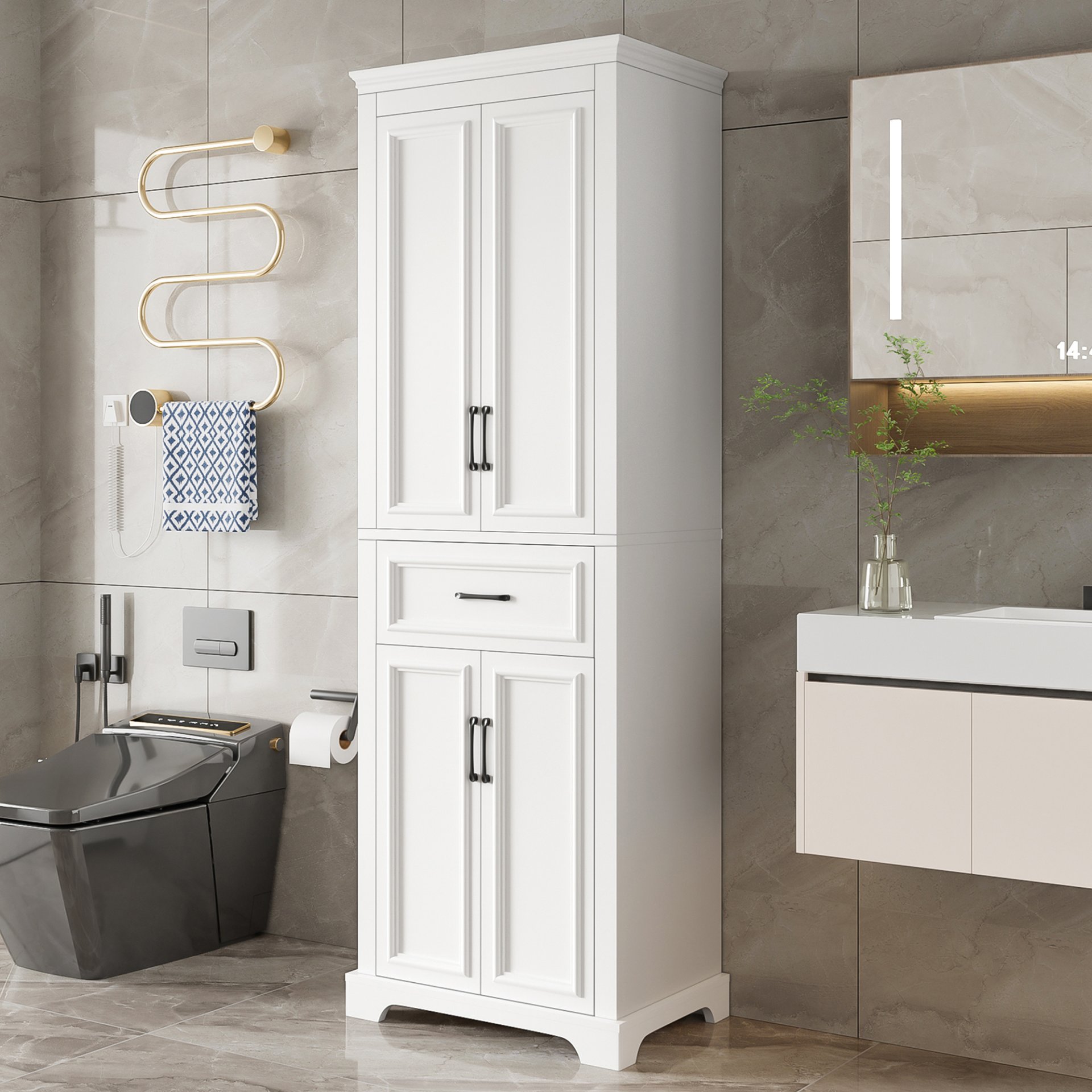 Freestanding Bathroom Vanity, Elegant Design With 4 Doors & 1 Drawer, Adjustable Shelves, Damping Hinges - White - Image 4