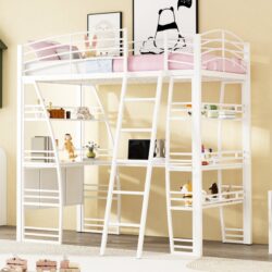 Twin Size Loft Bed With 4 Layers Of Shelves And L-Shaped Desk, Stylish Frame With A Set Of Sockets, USB Ports And And Wireless Charging - White