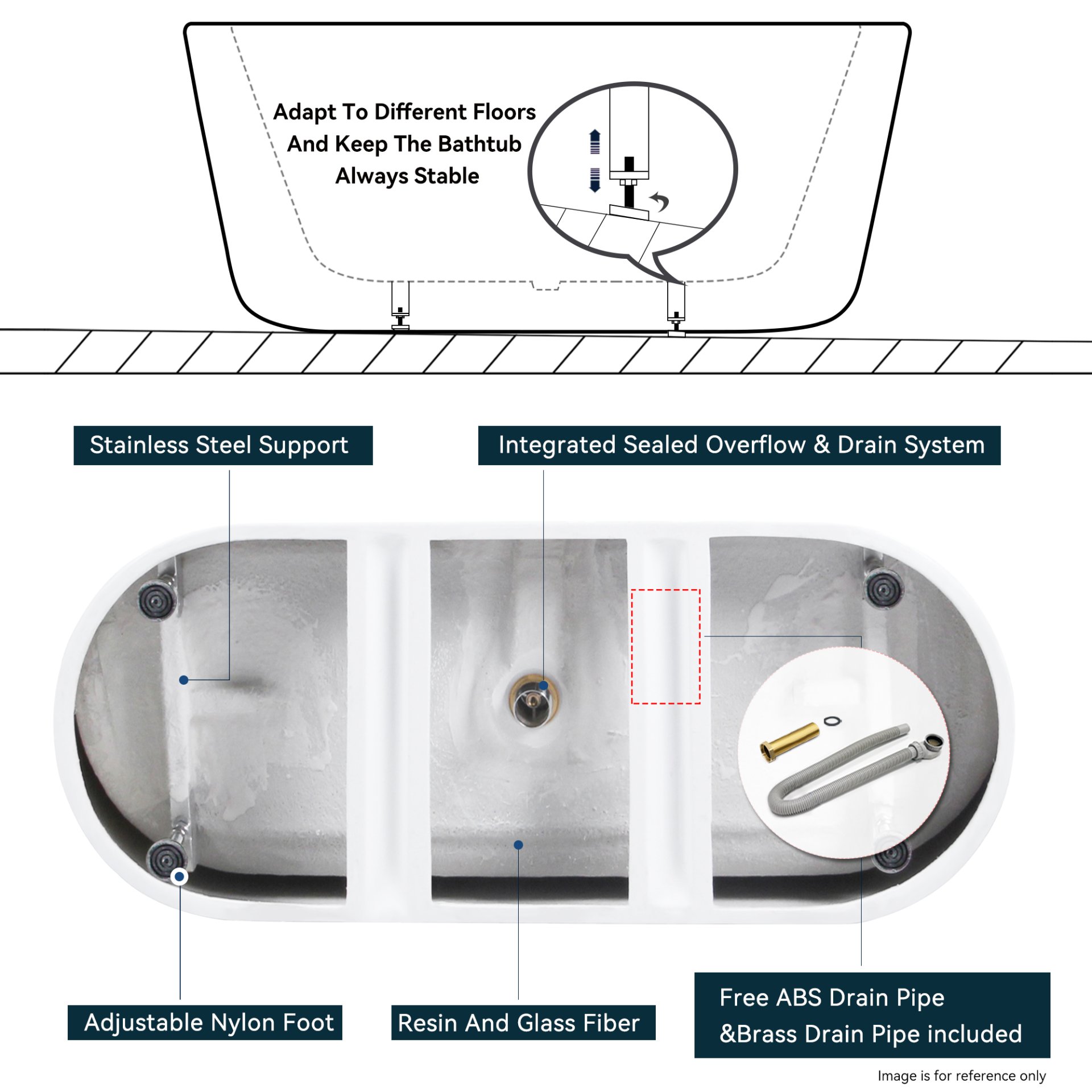 Freestanding Bathtub, Modern & Contemporary Design Soaking Tub With Toe-Tap Drain In Chrome And Classic Slotted Overflow - Glossy White - Image 6