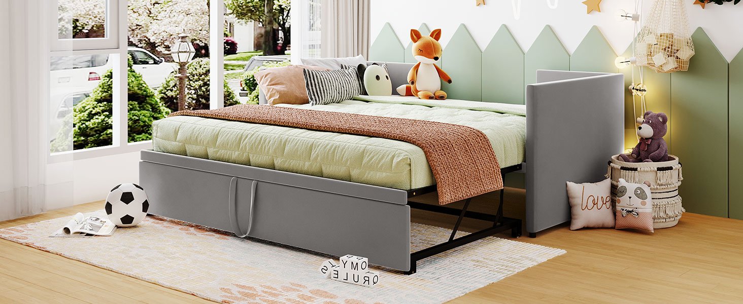 Twin Size Upholstered Daybed With Pop Up Trundle - Gray - Image 14