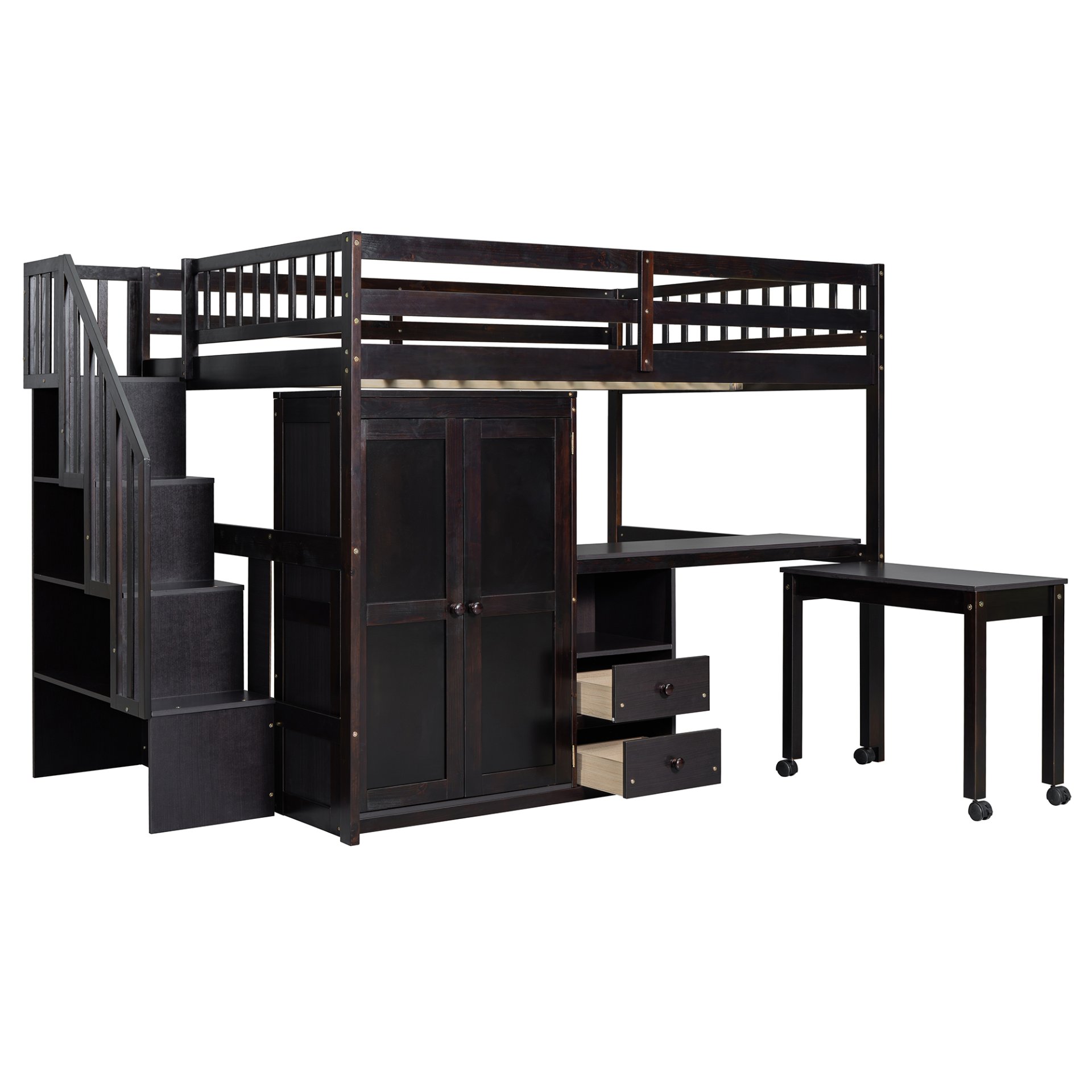 Full Size Loft Bed With Stairs, Bookshelf, Drawers, Desk & Wardrobe, Space Saving Multifunctional Furniture - Espresso - Image 11