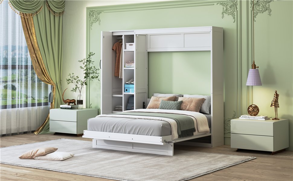 Full Size Murphy Wall Bed With Shelves, Wardrobe And LED Lights - White - Image 24