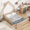 Full House-Shaped Headboard Floor Bed With Fence - Natural - Image 3
