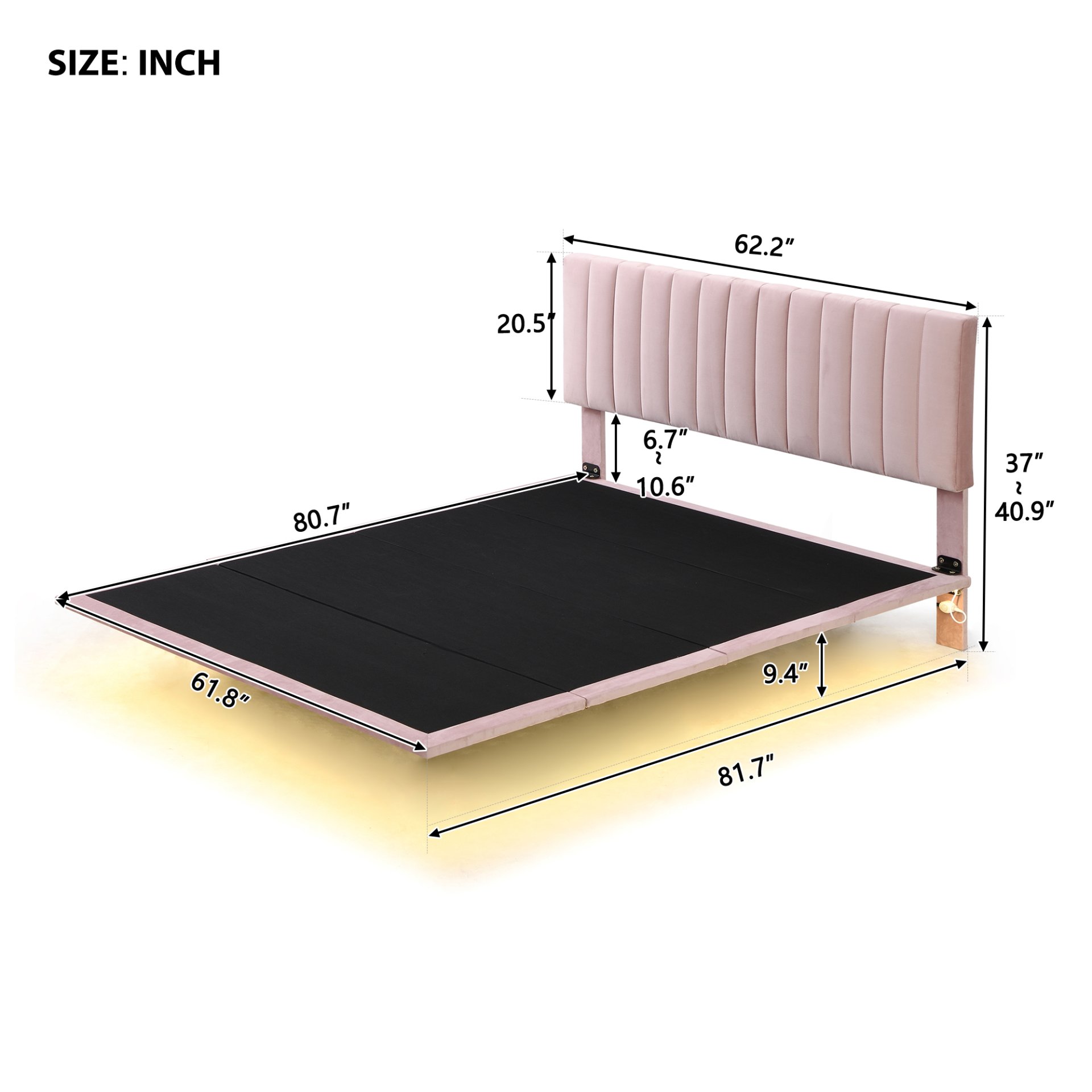 Queen Size Upholstered Bed With Sensor Light And Headboard, Floating Platform Bed - Pink - Image 12