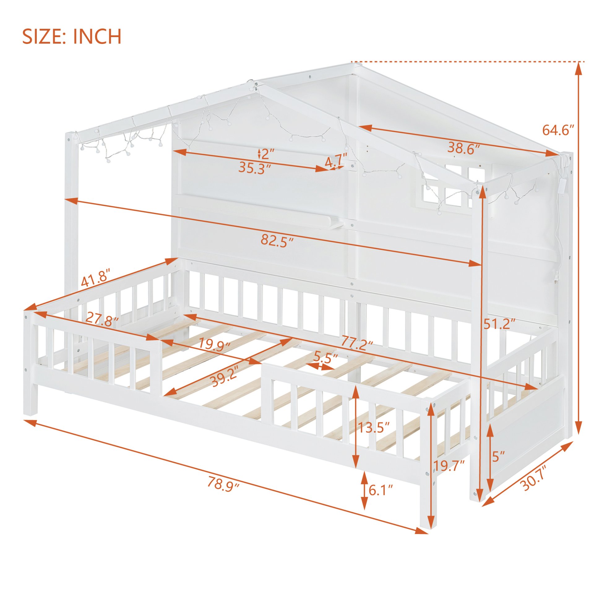 Twin Size House Bed With Shelves, Window And Sparkling Light Strip On The Roof - White - Image 11