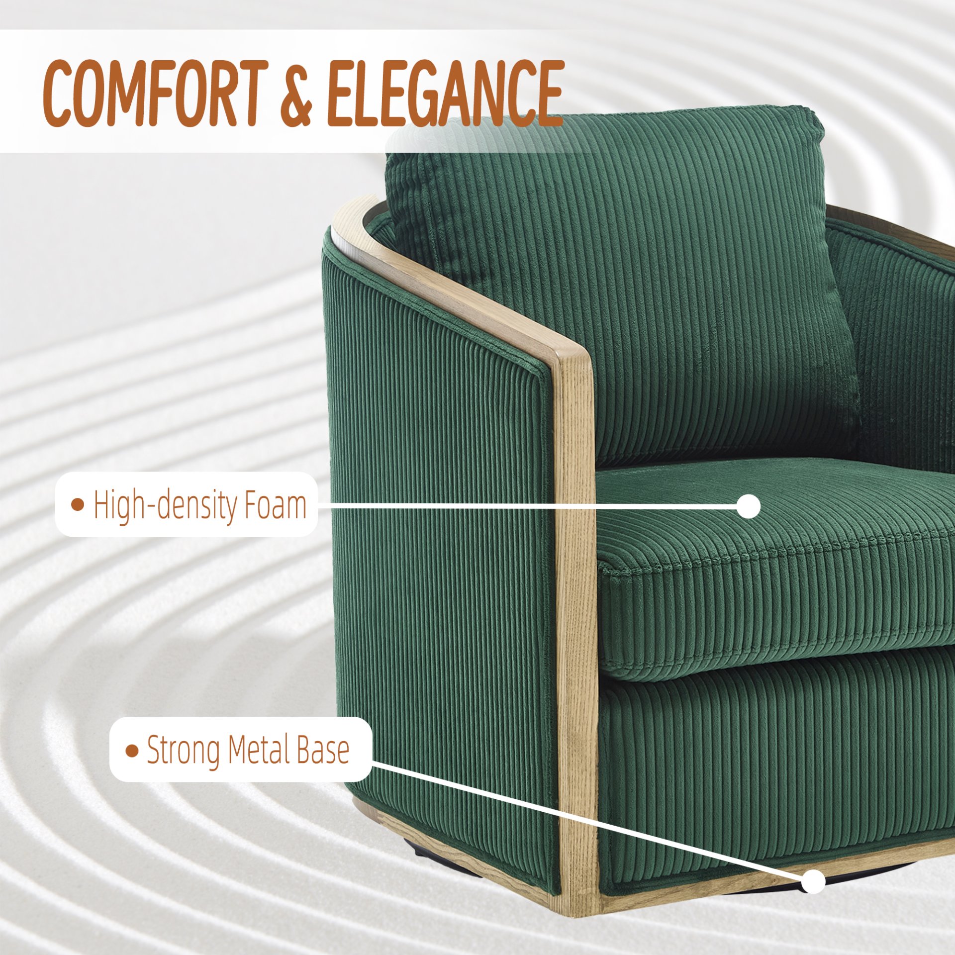 Corduroy Swivel Barrel Chair, Comfortable Accent Sofa Chair With 360 Degree Swivel For Living Room - Emerald - Image 6