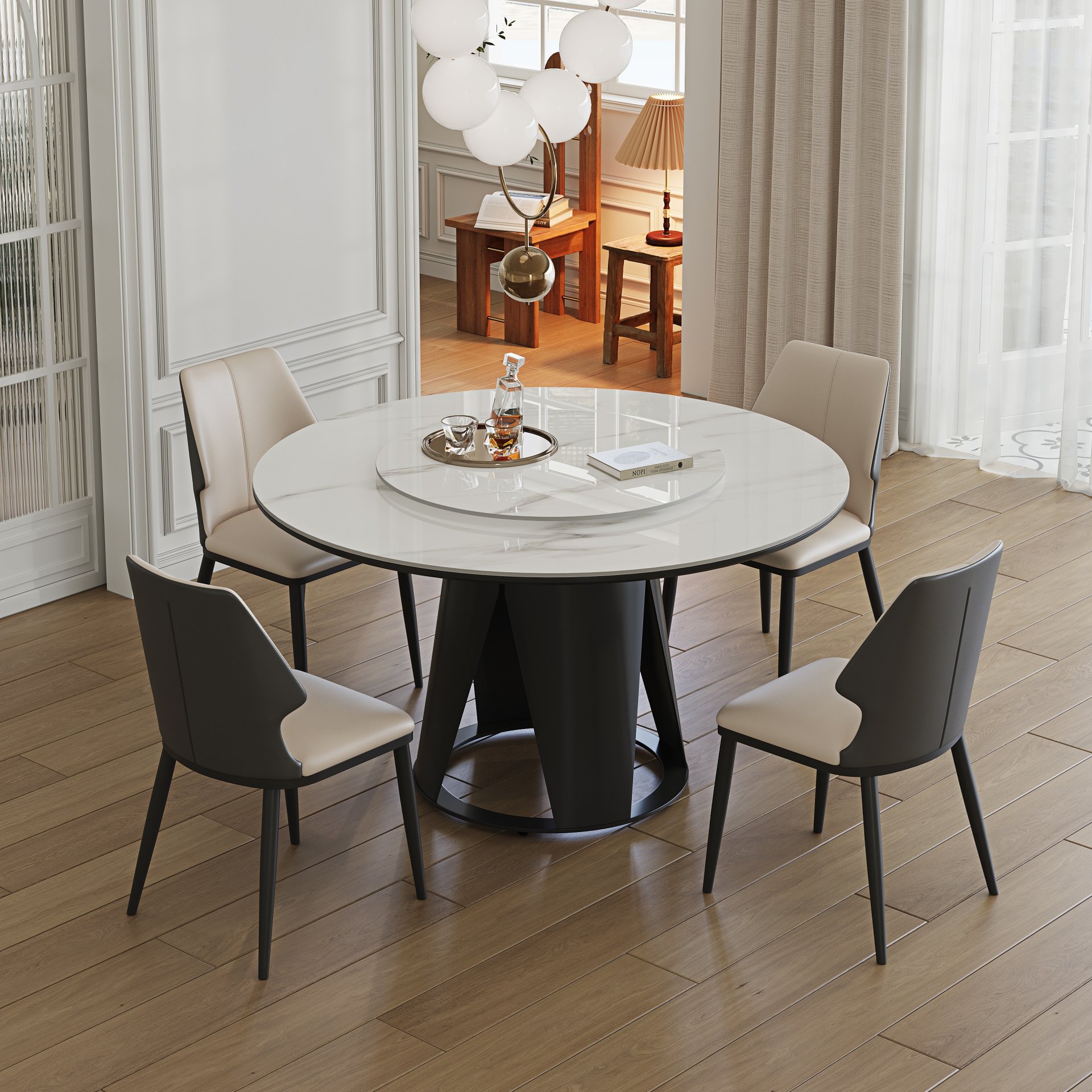 Modern Sintered Stone Dining Table With Round Turntable And Metal Pedestal - White - Image 2