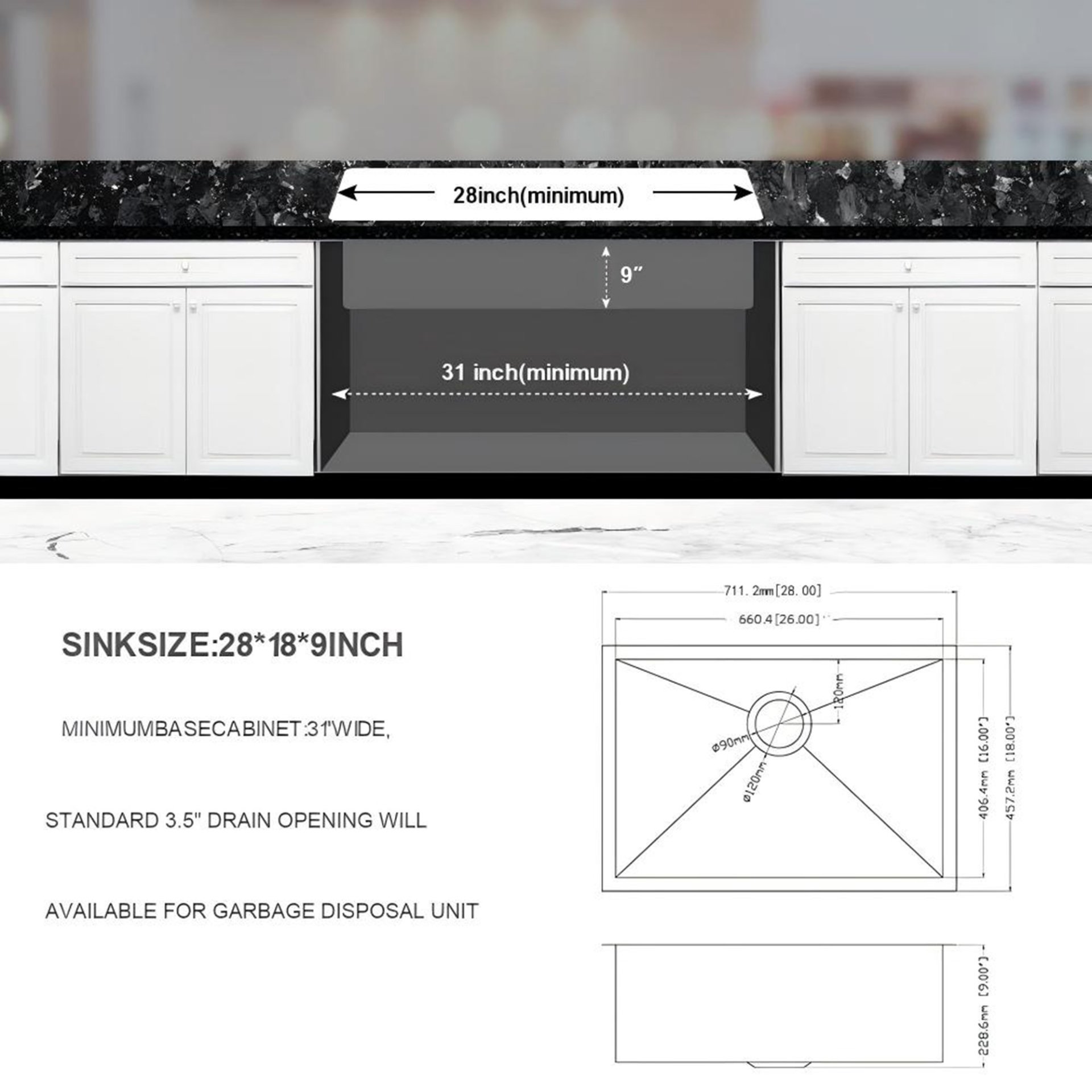 28" Undermount Kitchen Sink, 16 Gauge, 9" Deep Single Bowl - Brushed Nickel - Image 6