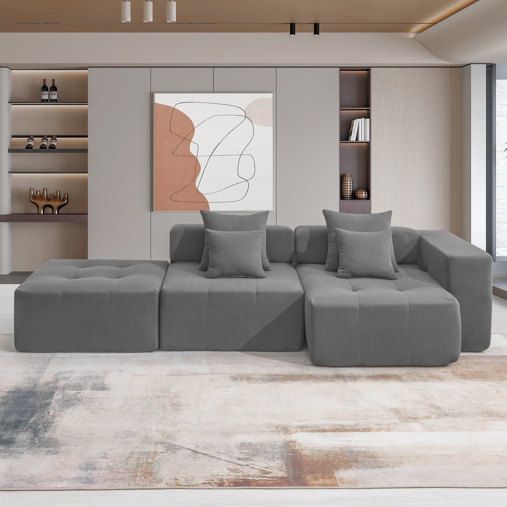 3 Piece Free Combination L Shaped Modular Sectional, Minimalist Floor Couch Set, Convertible Foam Filled Cloud Compressed Couch For Living Room - Gray - Image 4