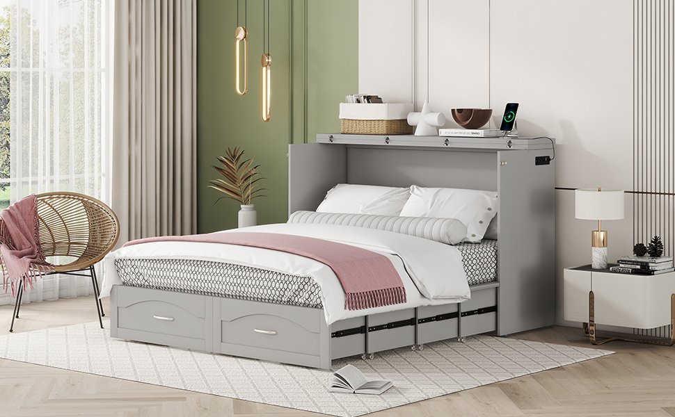 Queen Size Murphy Wall Bed With Drawer And A Set Of Sockets & USB Ports, Pulley Structure Design - Gray - Image 12