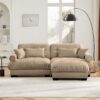 Modern 2 Seater Sofa With Ottoman Round Bolster Armrests Waist & Throw Pillows - Camel - Image 8