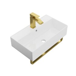 Wall Mounted Bathroom Sink With Towel Bar And Faucet - White / Gold