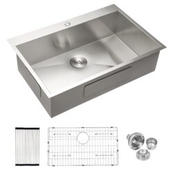 33" Drop In Kitchen Sink, 16 Gauge T304 Single Bowl Sink - Brushed Nickel