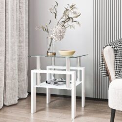 Modern Tempered Glass Tea Table, End Square Table For Living Room - Transparent / White