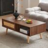 Rattan Coffee Table Sliding Door For Storage Legs Modern Table For Living Room - Walnut - Image 7