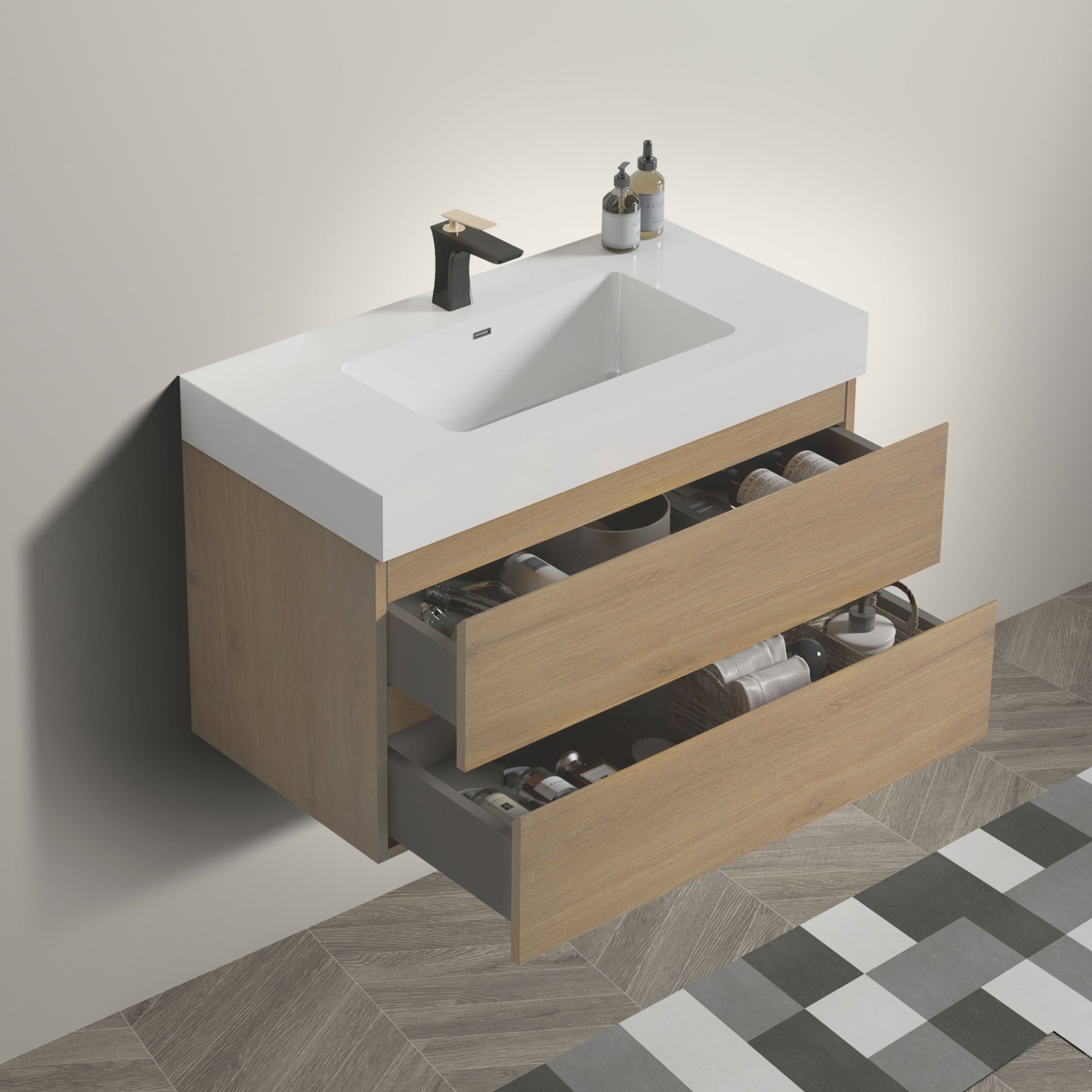 Alice - U042-Alice36-106 Bathroom Vanity With Black Sink, Large Storage Wall Mounted Floating Bathroom Vanity For Modern Bathroom, One-Piece Black Sink Basin Without Drain - Oak / White - Image 3