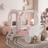 Twin Size Princess Carriage Bed With Crown, Platform Car Bed With Stair - White / Pink - Image 16