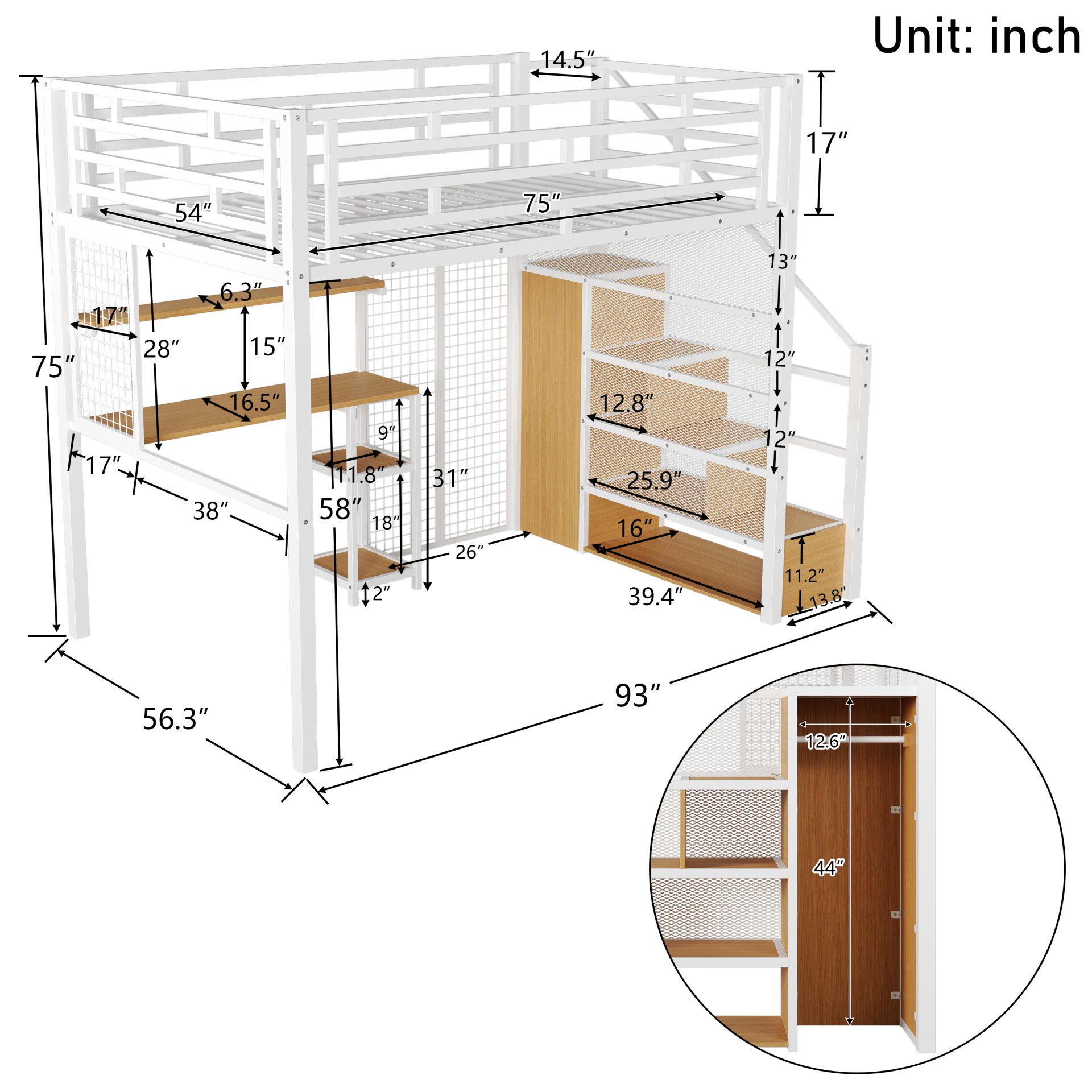 Full Size Metal Loft Bed With Wardrobe, Desk, Storage Shelves - White - Image 3