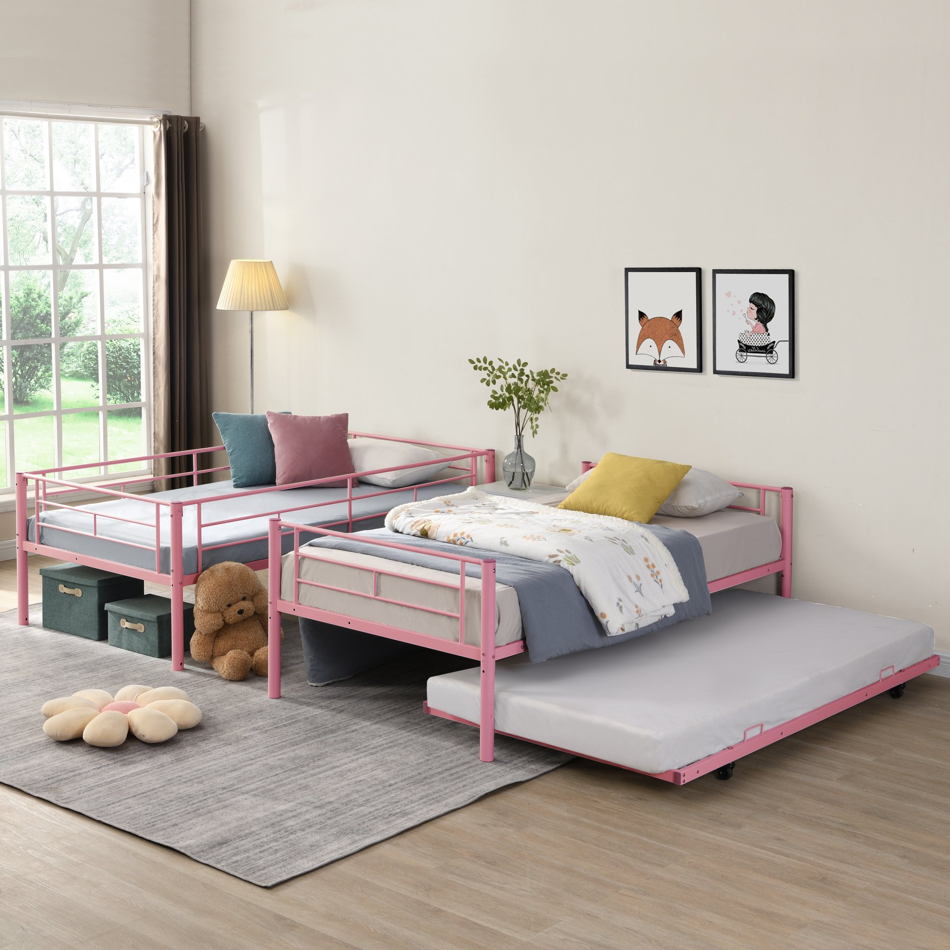 Modern Metal Bunk Bed With Trundle, Durable Steel, Twin Over Twin - Pink - Image 5