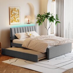 Queen Size Upholstered Platform Bed With Twin Long Trundle - Gray