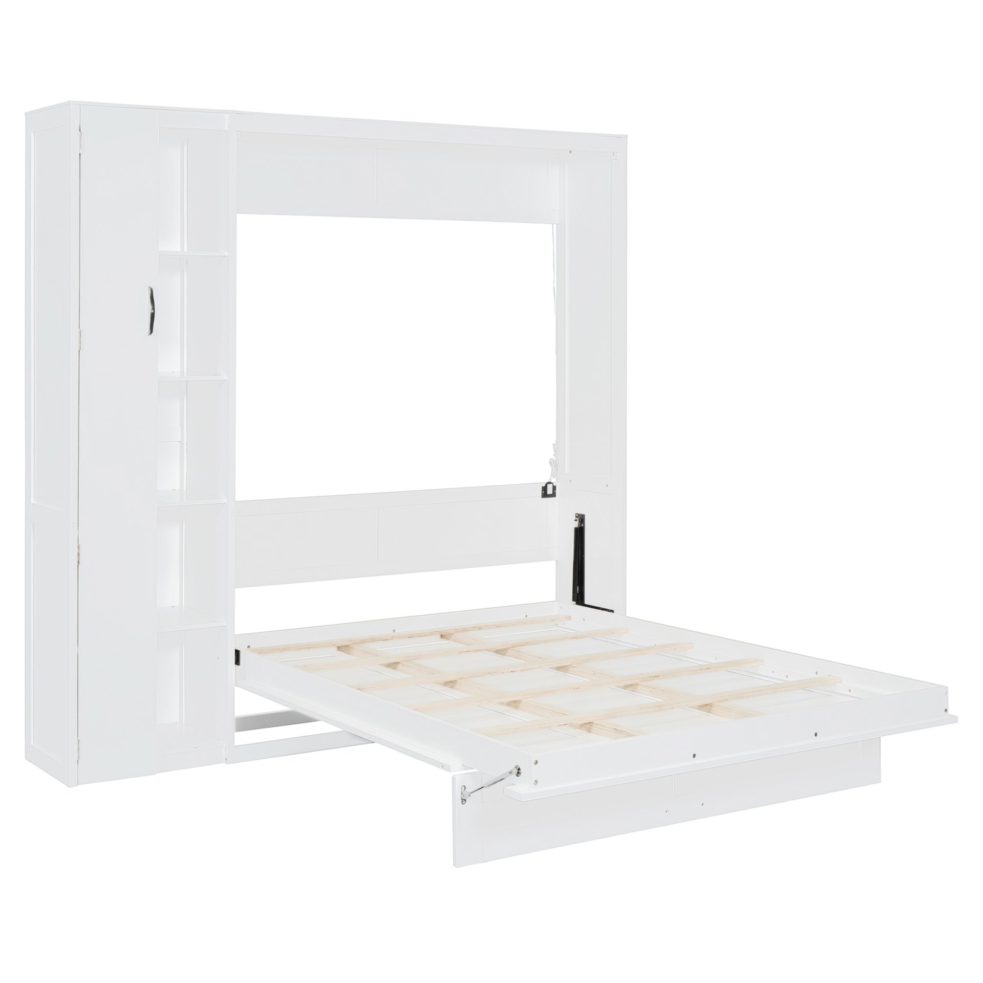Full Size Murphy Wall Bed With Shelves, Wardrobe And LED Lights - White - Image 11