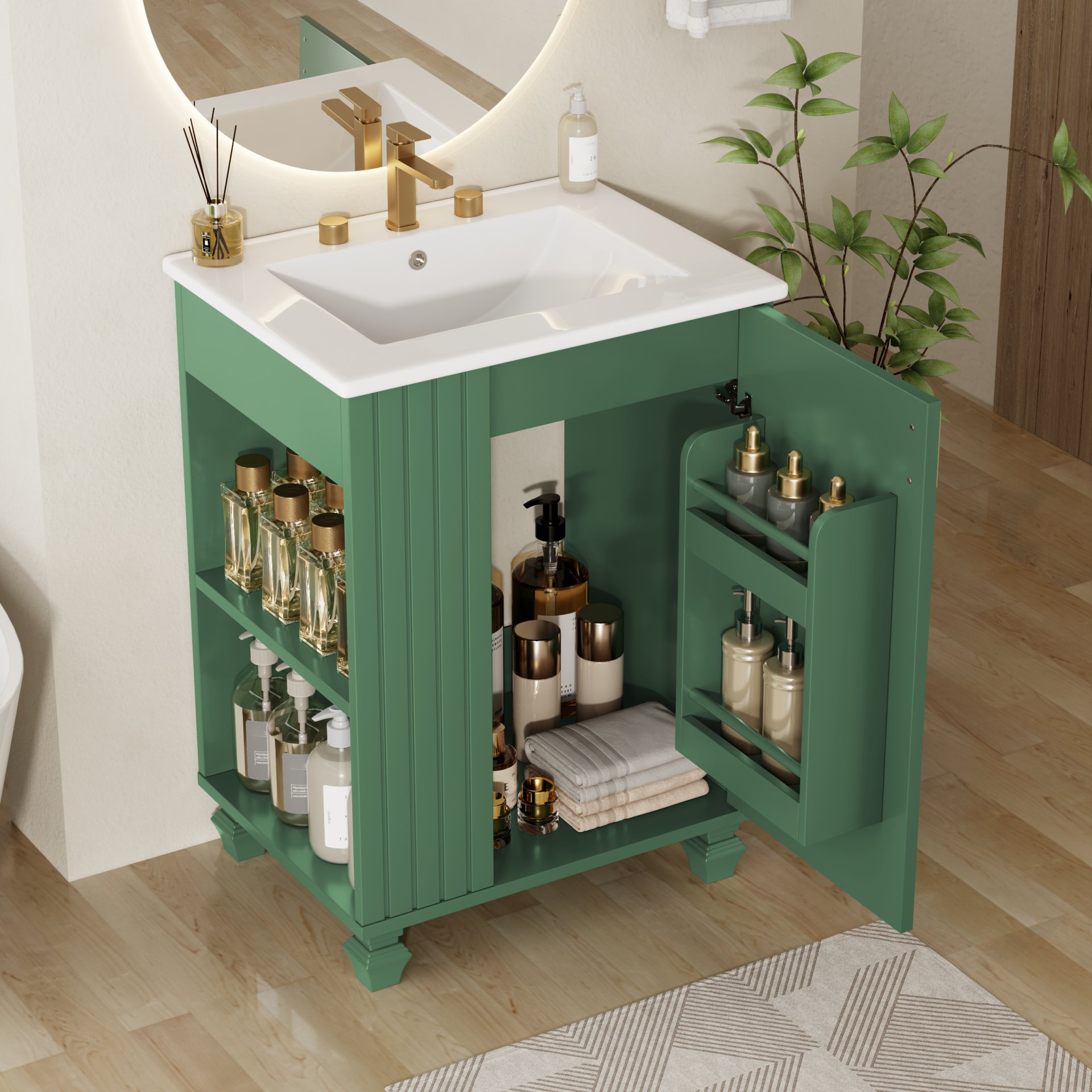 Classic Retro 24" Bathroom Vanity With Sink, Door Shelf, Side Open Storage Frame - Green - Image 2