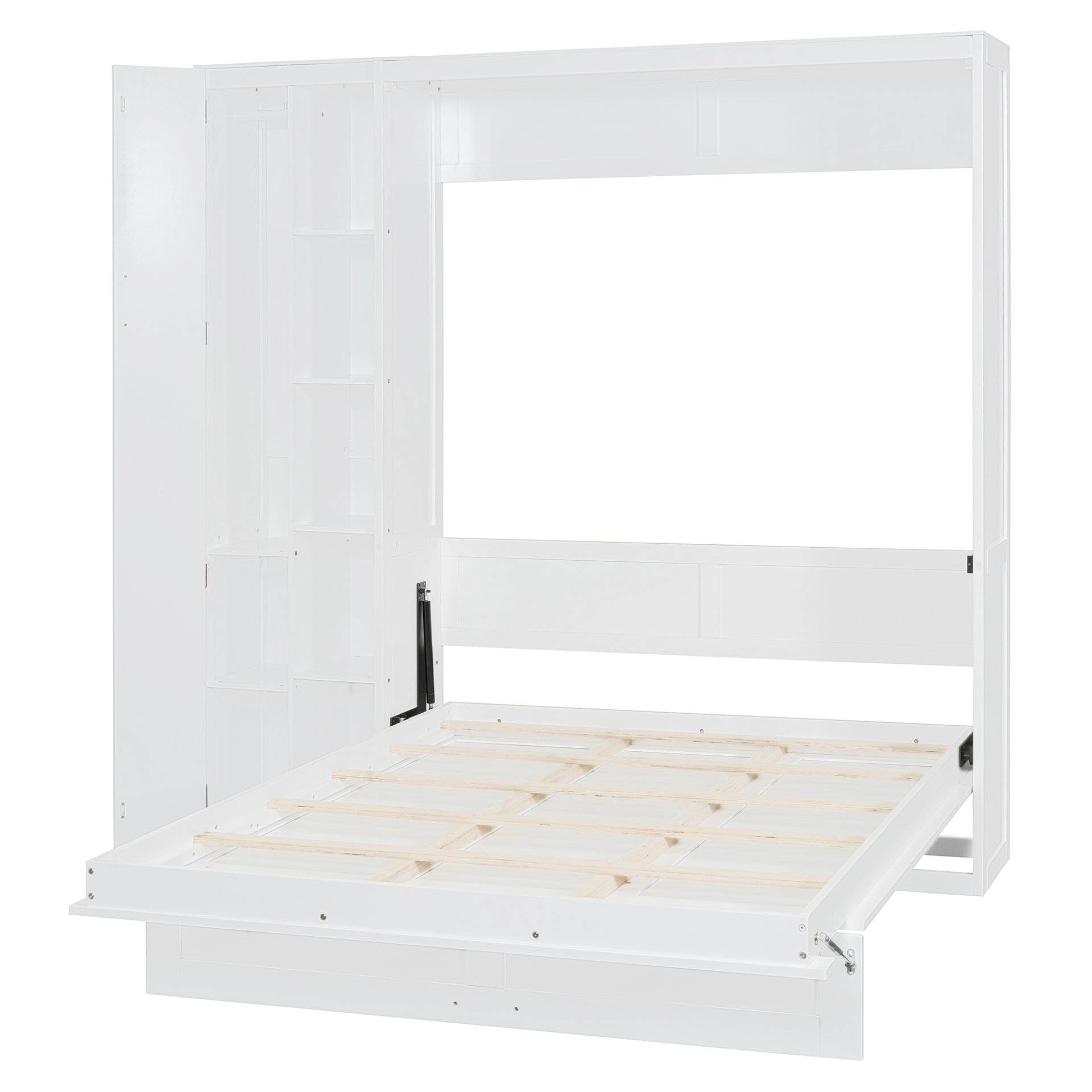 Full Size Murphy Wall Bed With Shelves, Wardrobe And LED Lights - White - Image 8
