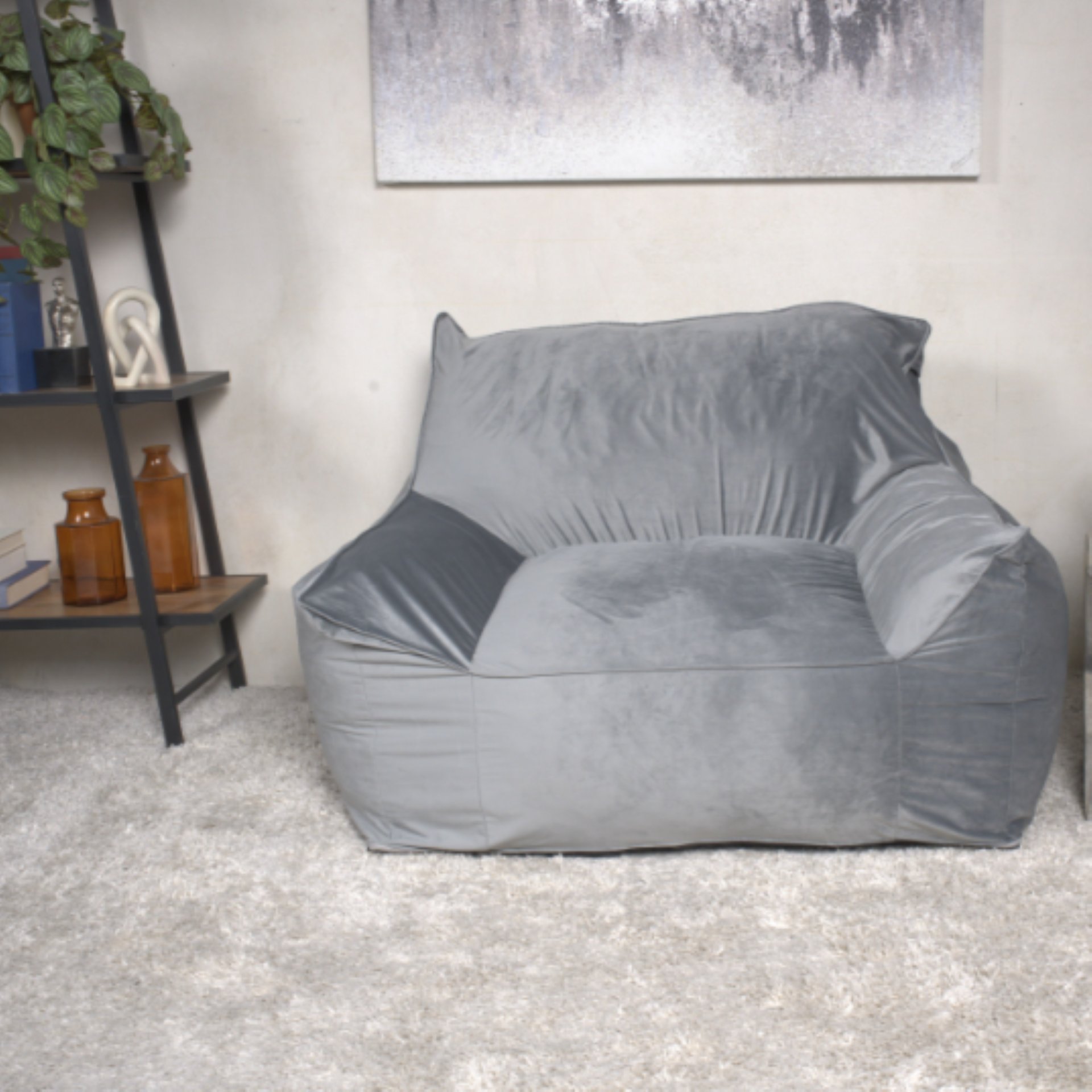 Allea - Velveteen Bean Bag Chair With Armrests - Soft Gray - Image 4
