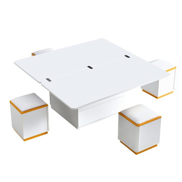 Lift Top Coffee Table With 4 Storage Stools, Multi Functional Adjustable Coffee Table For Living Room - White