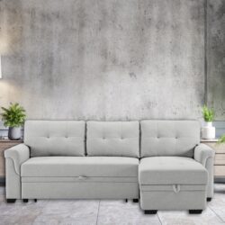 Hunter - Linen Reversible Sleeper Sectional Sofa With Storage Chaise - Light Gray