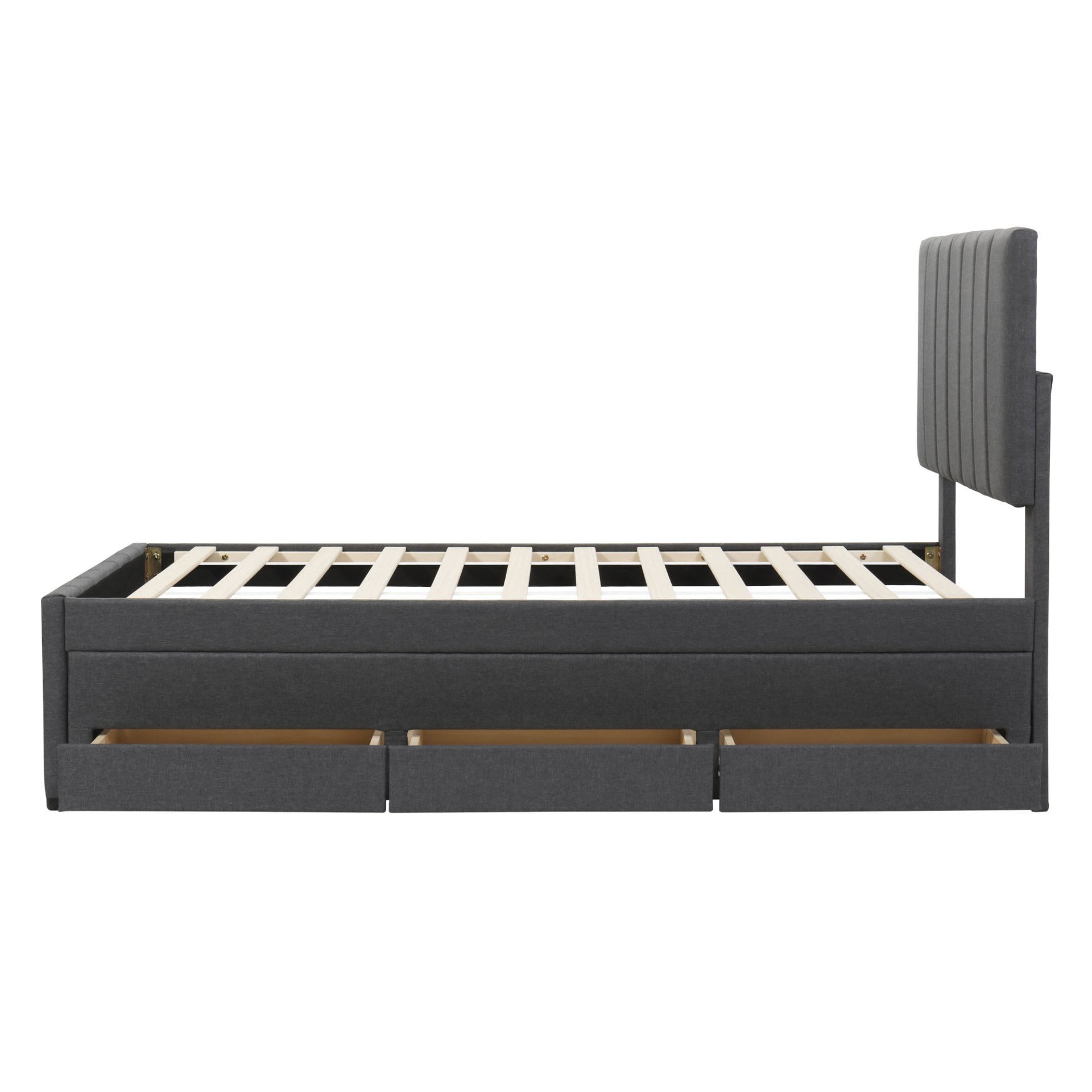 Twin Size Upholstered Platform Bed With Trundle And 3 Drawers - Gray - Image 7
