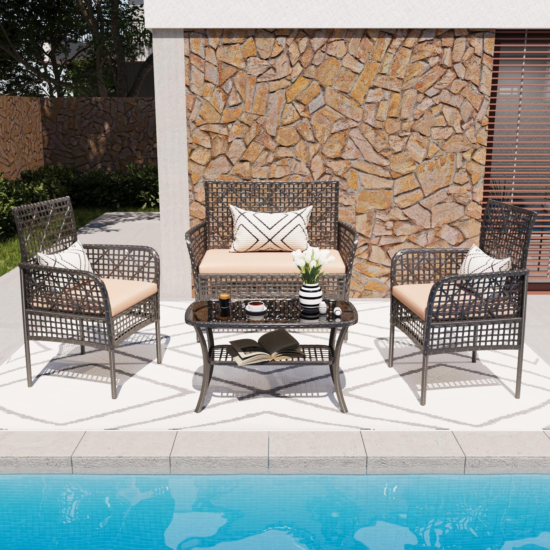 Rattan Wicker Patio Furniture Set With Tempered Glass Table And Cushions, 4 Pieces - Beige - Image 2