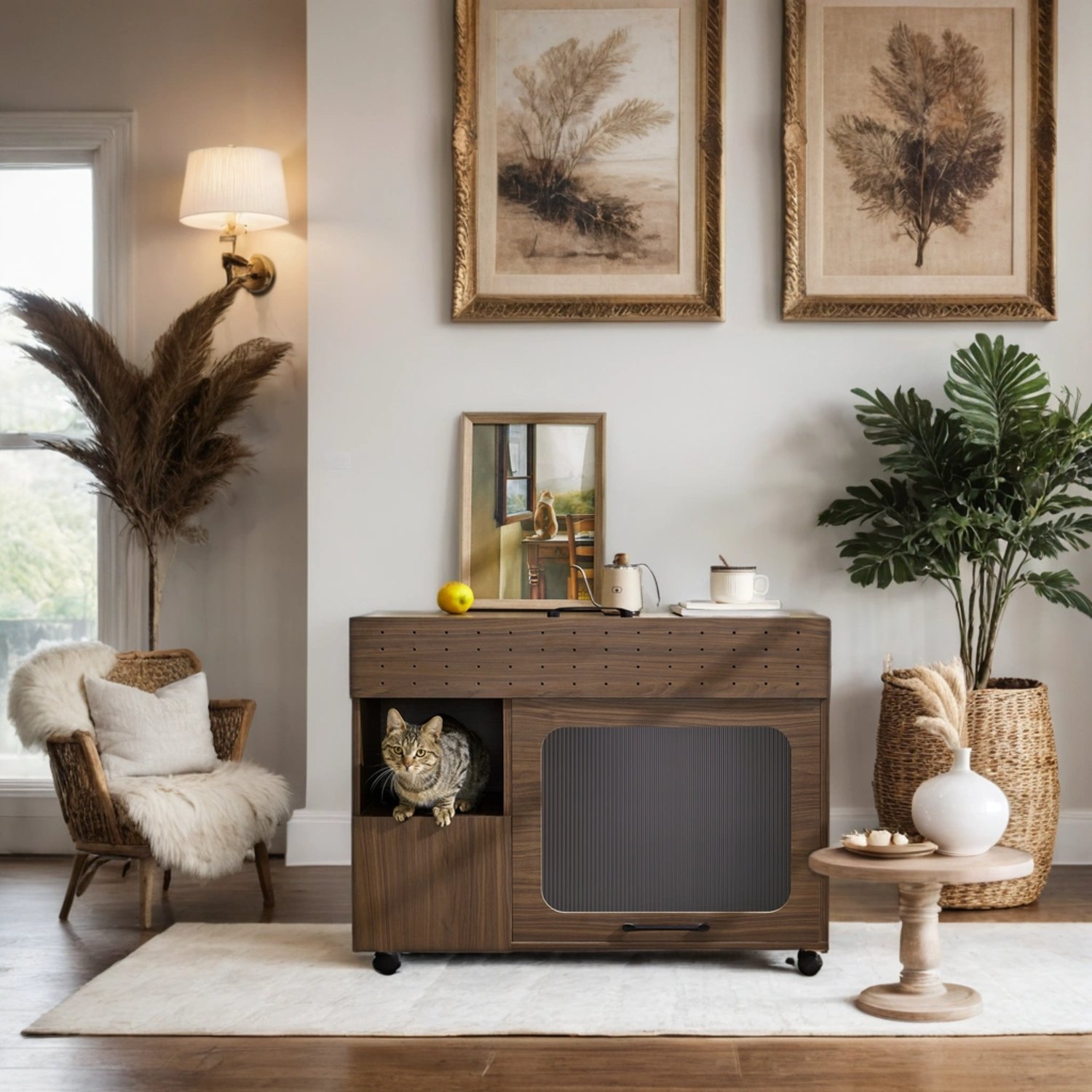 Furniture Style Multi Use Cat Litter Box House With Storage - Walnut - Image 8