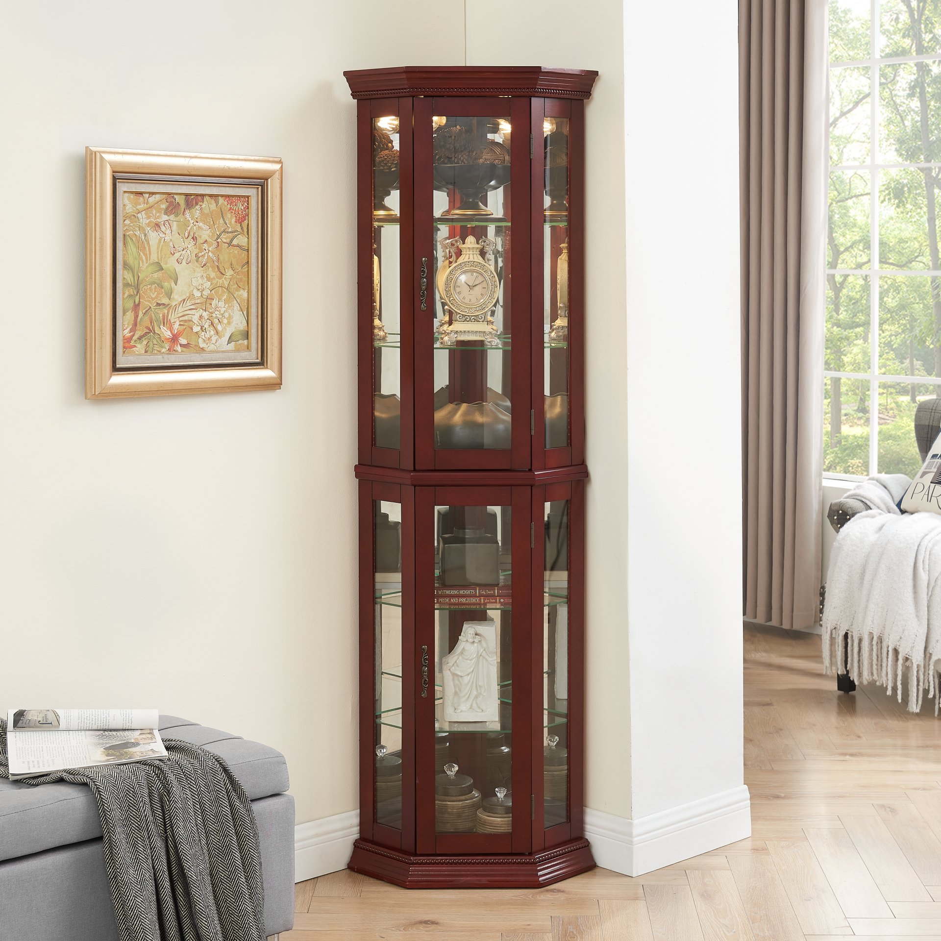 Corner Curio Cabinet With Lights, Adjustable Tempered Glass Shelves, Mirrored Back, Display Cabinet (E26 Light Bulb Not Included) - Cherry - Image 7
