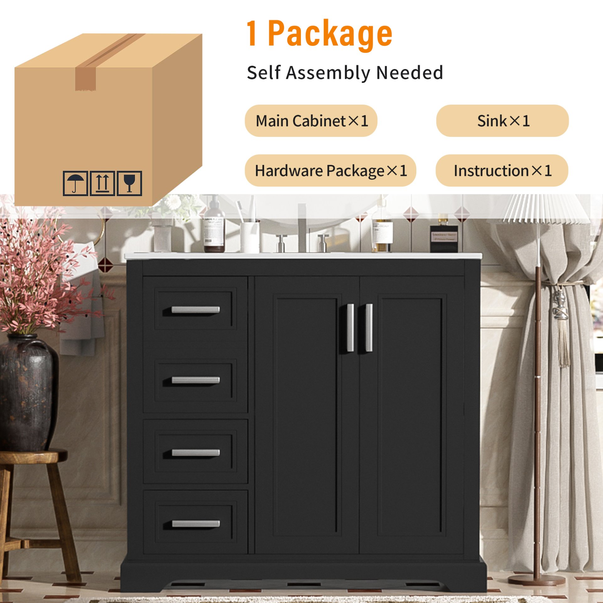 36" Bathroom Vanity With Sink, Soft Close Doors, Adjustable Shelf & 3 Drawers - Black - Image 10