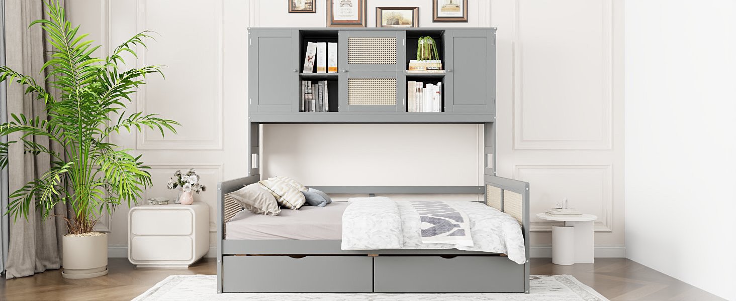 Full Size Wooden Daybed With 2 Drawers, And All In One Cabinet And Shelf - Gray - Image 17