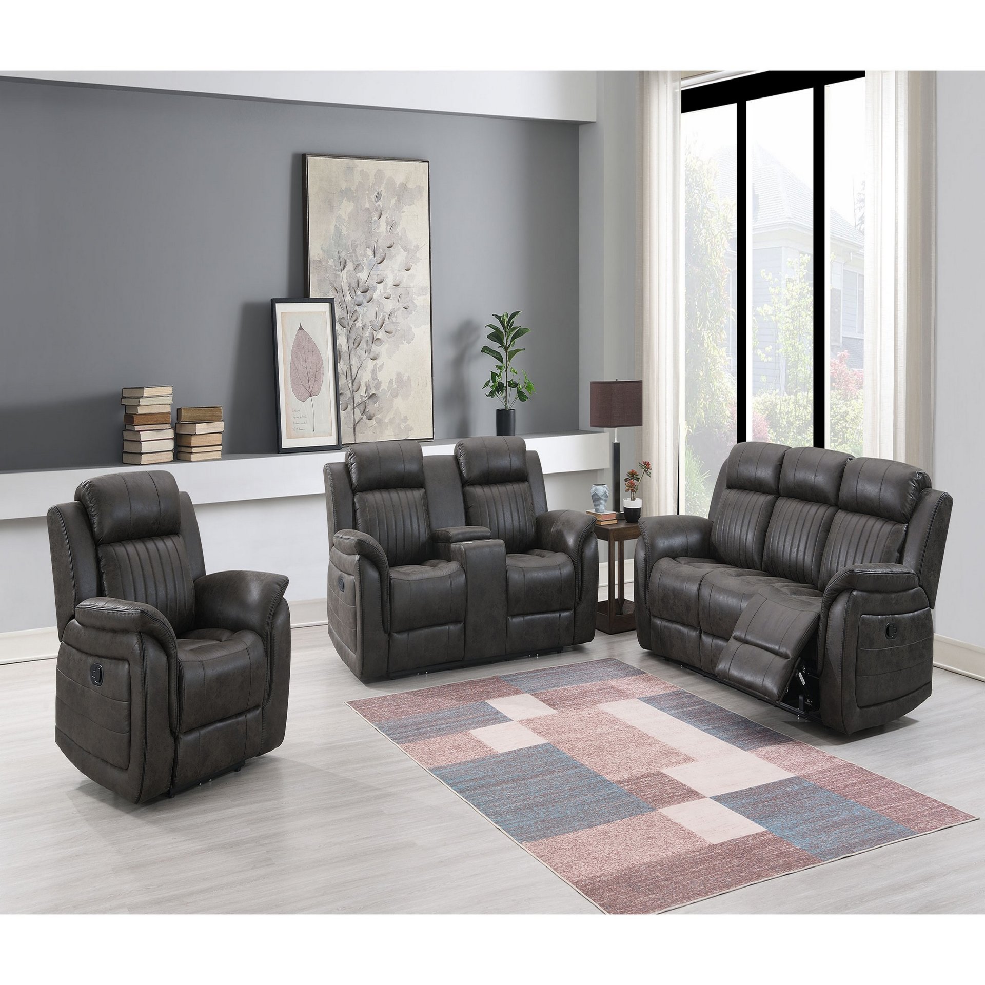 Steban - 3 Pieces Living Room Set With Sofa, Loveseat, Recliner - Gray - Image 2