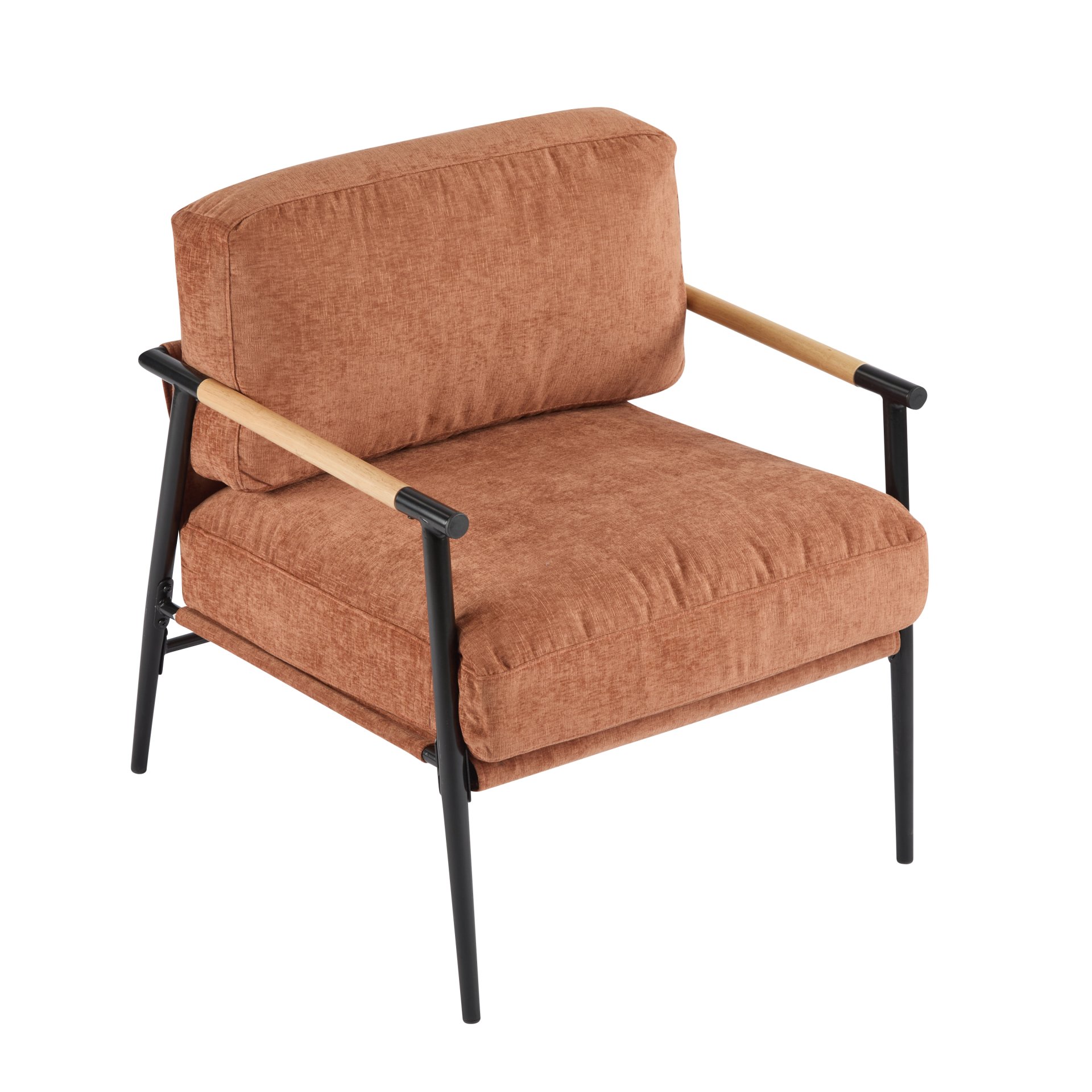 Modern Accent Chair With Plush Cushions, Minimalist Metal Frame, Wooden Armrest Design - Orange - Image 9