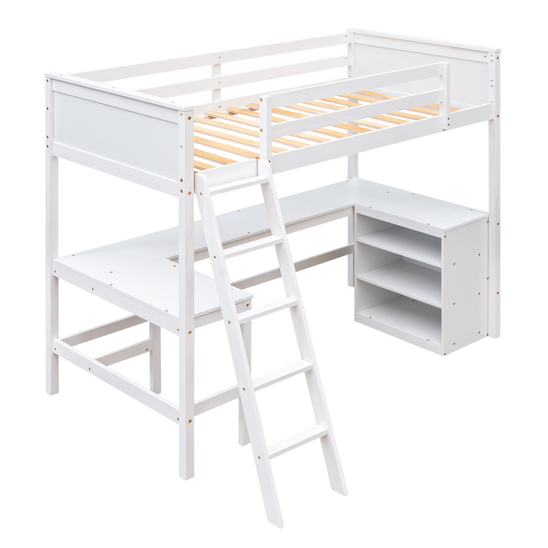 Twin Size Loft Bed With Shelves With Desk - White - Image 4
