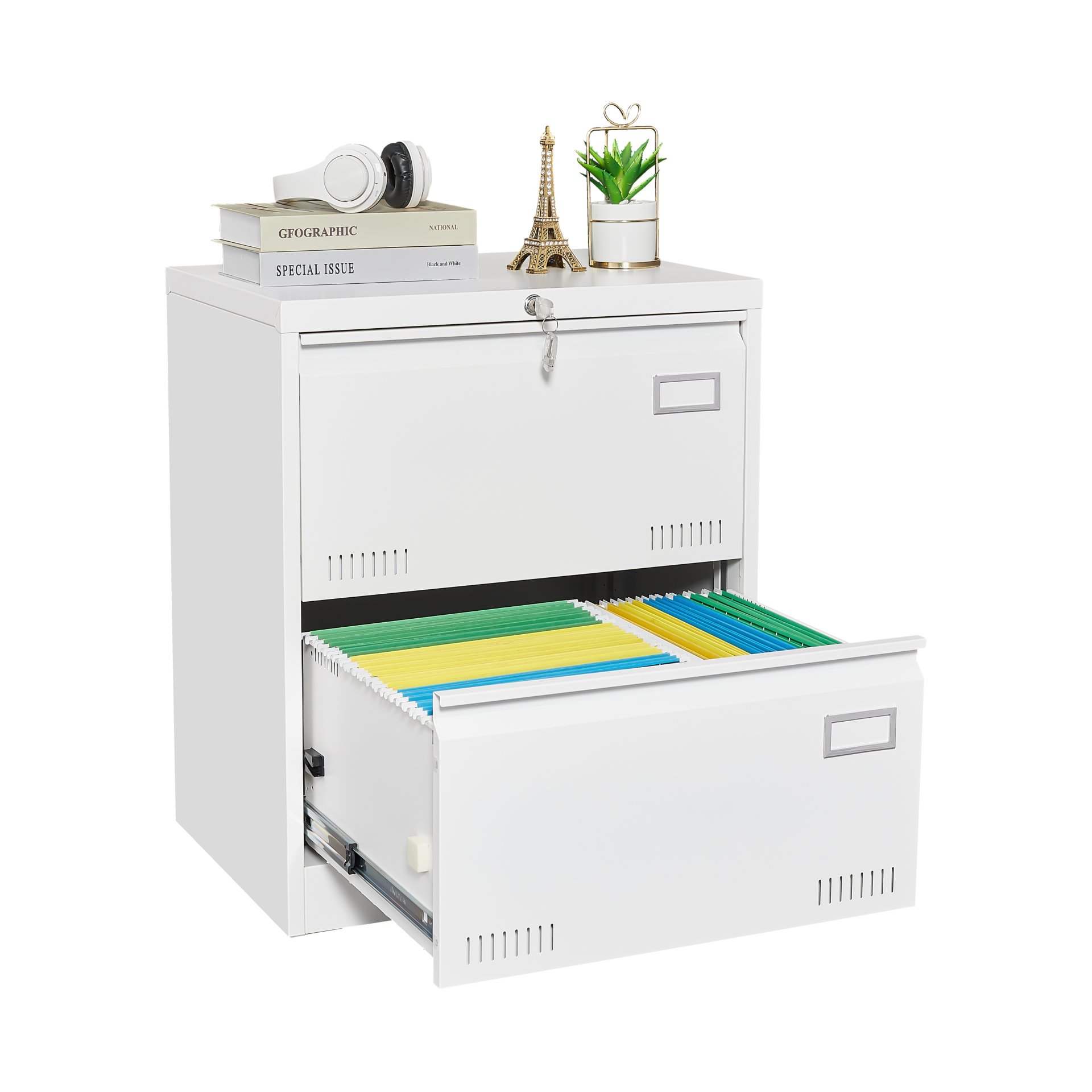Filing Cabinet Lateral File Cabinet With Lock, 2 Drawer, For Legal / Letter / A4 / F4 Home Office - White - Image 4