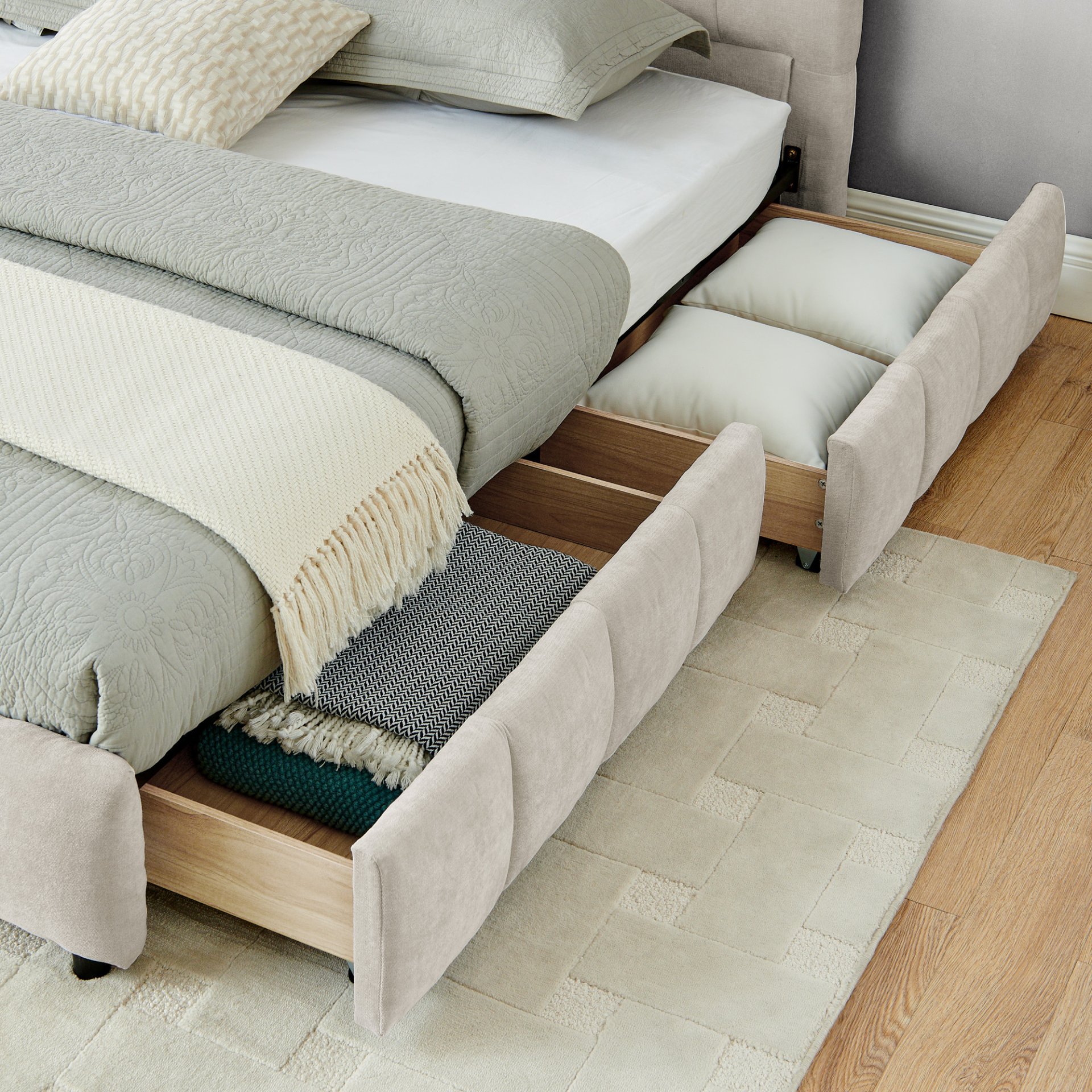 Modern King Size Upholstered Bed With Storage Drawer Solid Frame - Beige - Image 9