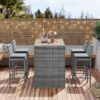 5 Pieces Outdoor Patio Wicker Bar Set, Bar Height Chairs With Non-Slip Feet And Fixed Rope, Removable Cushion, Acacia Wood Table Top - Brown / Gray - Image 3
