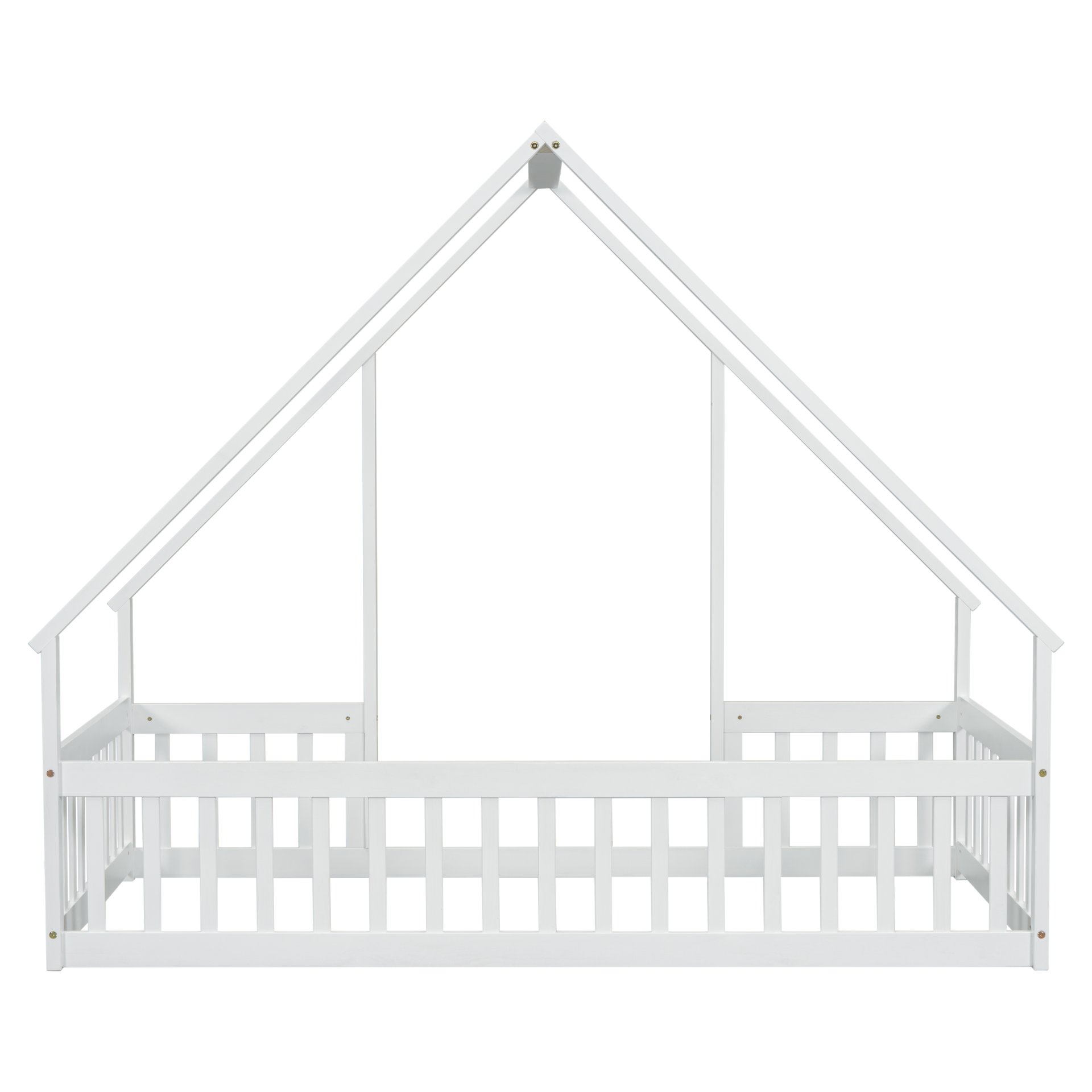 Twin Wood House-Shaped Floor Bed With Fence, Guardrails - White - Image 16