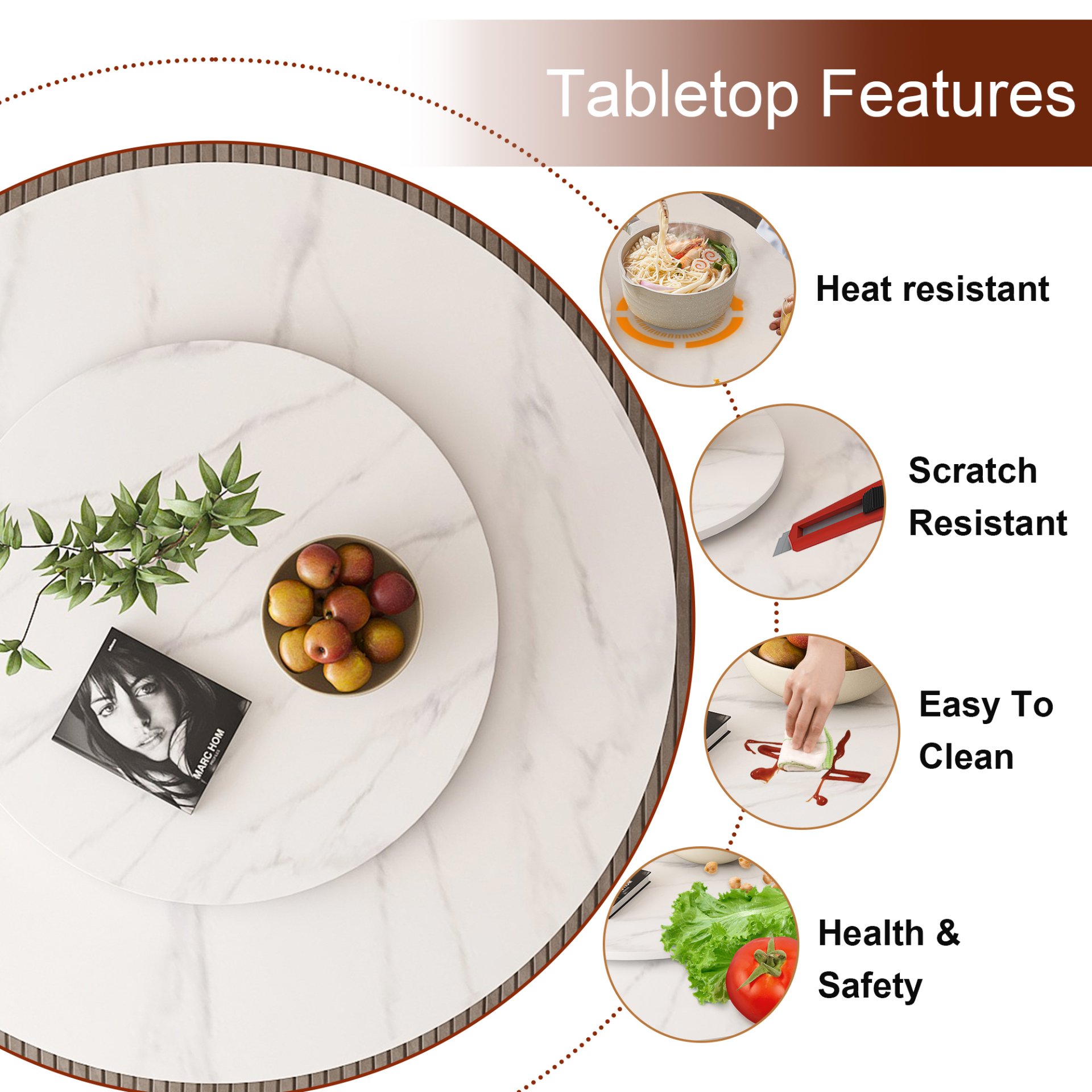 Round Dining Table With 360° Smooth Lazy Susan Stain / Heat - Gold / Black / White - Image 9