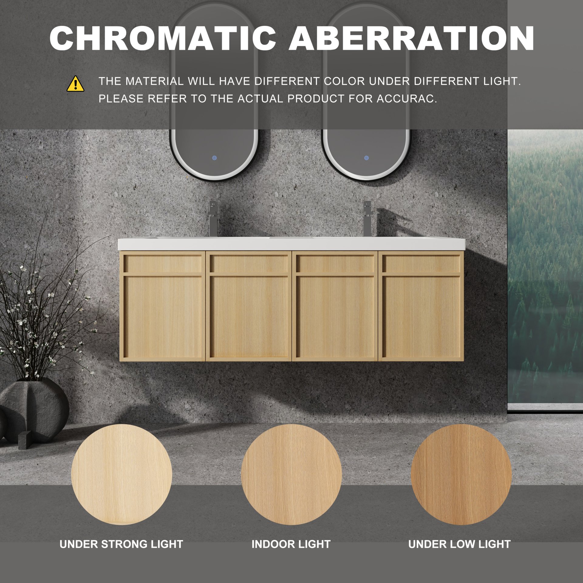 Original 60" Wall Mounted Bathroom Vanity With Double Resin Sink And Soft Closing Doors Plywood - Oak - Image 3