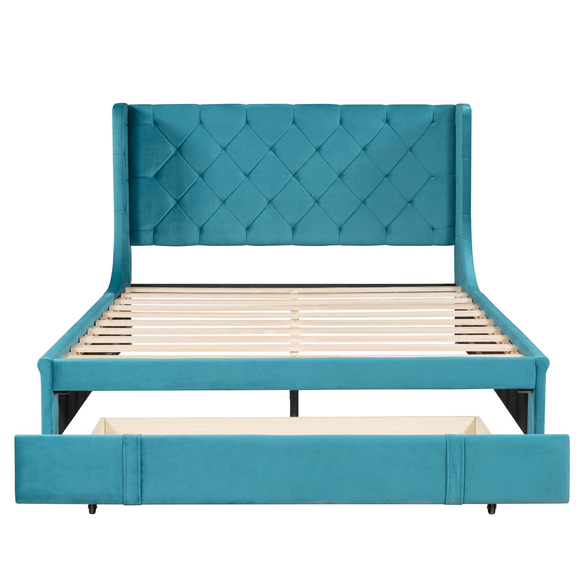 Queen Size Storage Upholstered Platform Bed With Wingback Headboard And A Big Drawer - Blue - Image 8