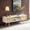 55.12" Rattan TV Cabinet, Double Sliding Doors For Storage, Adjustable Shelf, Solid Wood Legs, TV Console For Living Room - White - Image 2