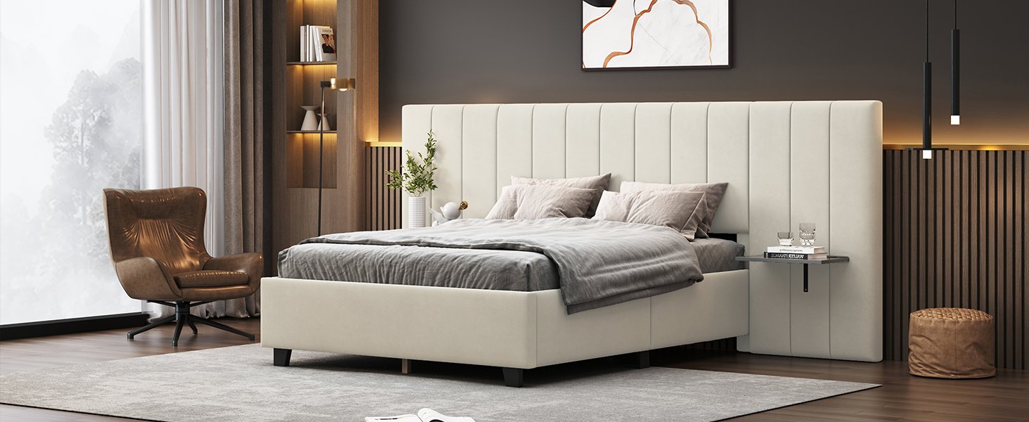 Full Size Upholstered Platform Bed With Big Headboard - Beige - Image 14